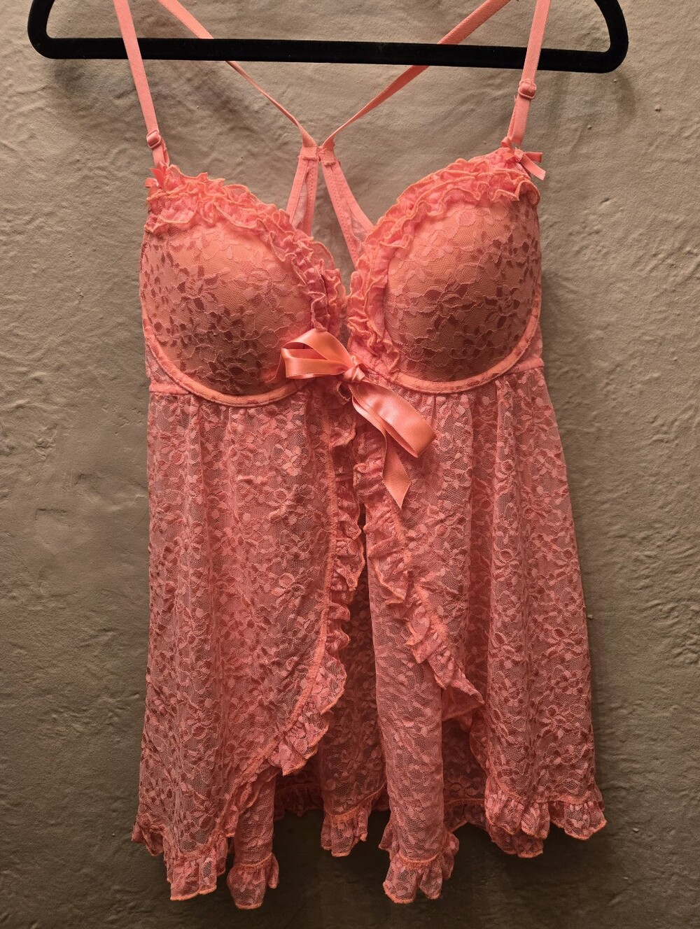La Senza Pink Lace Babydoll Chemise Lingerie Teddy Ruffle Bow Racerback L